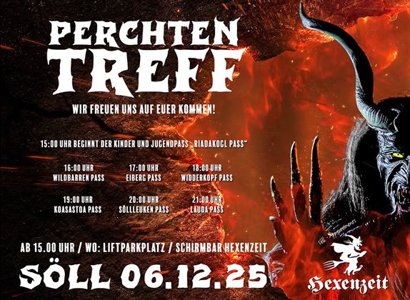 Ein Plakat für das Perchten Treffen am 06. Dezember 2023 in Söll. Es zeigt ein dämonisches Wesen vor einem feurigen Hintergrund mit Informationen zu Veranstaltungen und Preisen.