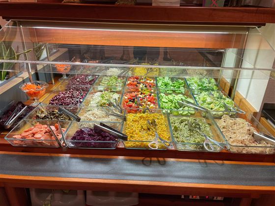 Ein Salatbuffet mit verschiedenen bunten Gemüsesorten und Dressings. Es bietet eine Vielzahl von gesunden Optionen in klaren Behältern.