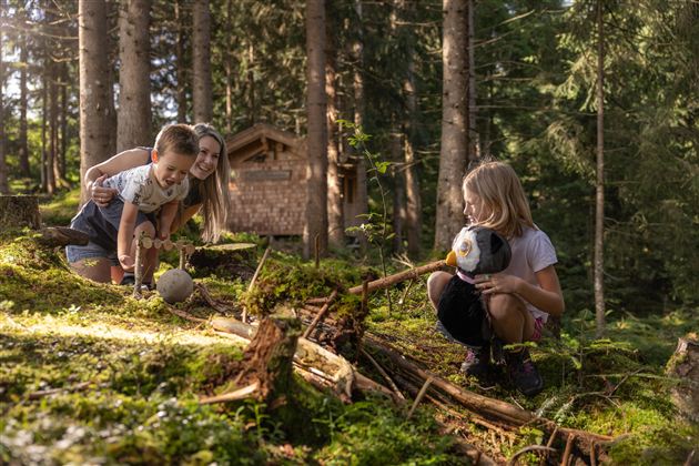Kinder spielen im Wald und erkunden die Natur. Im Hintergrund ist ein Holzhaus zwischen den Bäumen zu sehen.