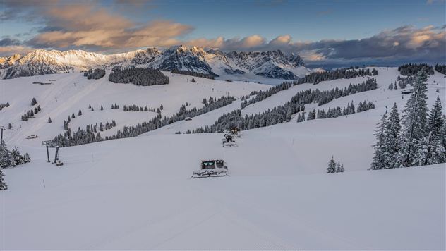 Eine weite Winterlandschaft mit schneebedeckten Bergen und Tannenbäumen. Die Sonnenstrahlen scheinen sanft auf die verschneite Fläche.