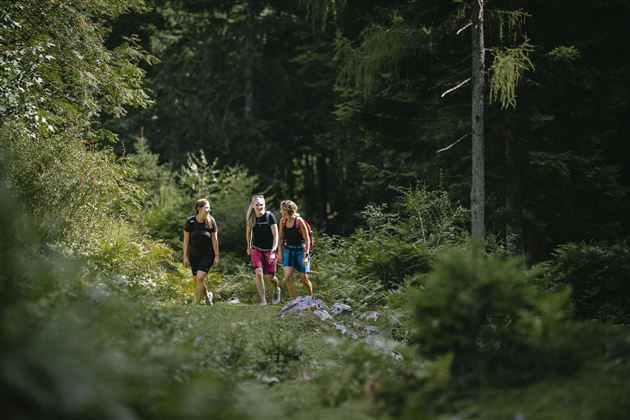 Two hikers are walking along a path to a mountain hut with red sun umbrellas. The surroundings are green with trees and mountains in the background.