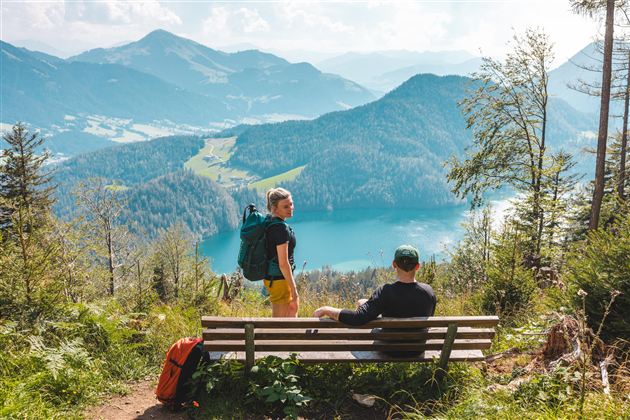 Eine malerische Berglandschaft mit grünen Wiesen und hohen Bäumen. Im Vordergrund sind einige rustikale Hütten sichtbar.