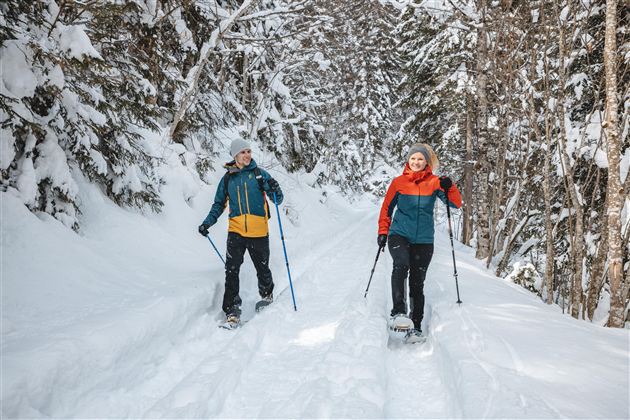 Zwei Menschen wandern mit Schneeschuhen auf einem verschneiten Weg durch einen Wald. Die Umgebung ist winterlich und von Schnee und Bäumen geprägt.