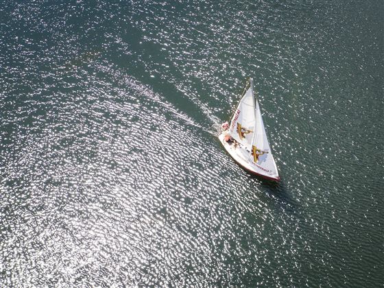 Ein Segelboot fährt über glitzerndes Wasser. Der Himmel ist klar und freundlich.