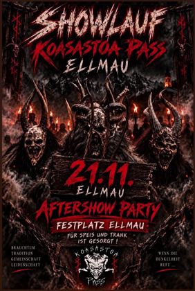 Ein düster gestaltetes Plakat für die Aftershow-Party des Showlaufs "Koasastoa Pass" in Ellmau. Es präsentiert gruselige Motive und wichtige Informationen zum Event am 21.11.