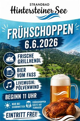 Een evenementposter voor het "Zomerzonnewende" evenement op 21 juni aan de Hintersteiner See. Het toont informatie over live-optredens van Kenny Baker en Klangwelten.