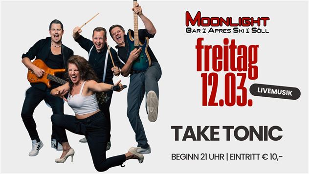 Eine Band namens Offtracks posiert in sportlicher Kleidung. Das Bild bewirbt ein Live-Musik-Event in der Bar Moonlight am Freitag, den 09.01.