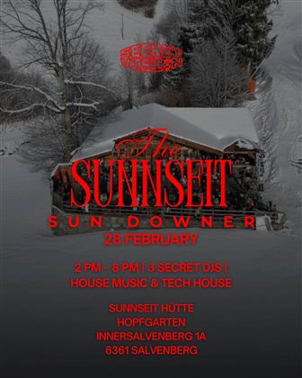 An event invitation for a party on February 28 at the Sunnseit Hut. From 2 PM to 8 PM there will be music from three secret DJs.