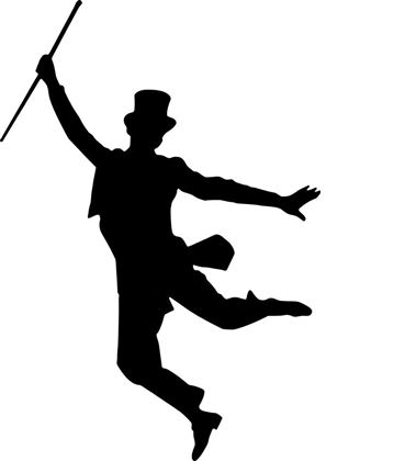 Stylizovaná silueta tanečníka v obleku s cylindrem. Tanečník drží hůl a dynamicky skáče do vzduchu.