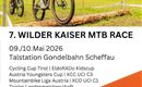 A poster for the 7th Wilder Kaiser MTB Race, taking place on May 9th and 10th, 2026 in Scheffau. It features cyclists on a course in nature, surrounded by mountains.