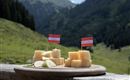 Ein elegantes Käsebrett mit verschiedenen Käsestücken, dekoriert mit kleinen Flaggen. Im Hintergrund sind grüne Berge und eine natürliche Landschaft zu sehen.