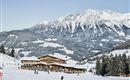A cozy mountain restaurant in the Alps, surrounded by snow-capped mountains. Skiers and visitors enjoy the winter landscape.