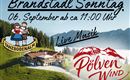 Een uitnodigend evenementposter voor de Brandstad Zondag. Het toont een schilderachtig berglandschap met een gezellige berghut en informatie over livemuziek en de datum van het evenement.