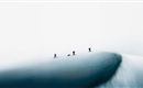 Eine Gruppe von Skifahrern wandert auf einem schneebedeckten Berg. Der Himmel ist hell, und die Landschaft wirkt minimalistisch.