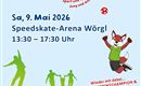 Ein buntes Plakat für den ASVÖ Familientag mit Informationen zum Sportevent. Es zeigt die Veranstaltung am 9. Mai 2026 in der Speedskate-Arena Wörgl.