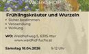 Ein Flyer für einen Kräuterwanderung-Workshop. Informationen zu Ort, Datum und Anmeldung sind aufgelistet.