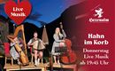 Das Bild zeigt drei Musiker, die auf einer kleinen Bühne im Freien live Musik spielen. Im Hintergrund sind Bäume und ein klarer Abendhimmel zu sehen.