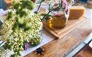 A tray with olive oil and cheese is on a wooden table. Fresh flowers are visible in the foreground.