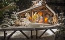 A festive nativity scene in the snow with figures of Mary, Joseph, and the baby Jesus. All around are animals and snow-covered trees.