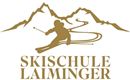 Das Logo der Skischule Laiminger zeigt einen Skifahrer vor einer Bergsilhouette. Darunter steht der Schriftzug "SKISCHULE LAIMINGER" in goldener Schrift.