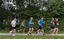 Eine Gruppe von Menschen joggt auf einem schmalen Weg. Umgeben von viel Grün und Bäumen bewegen sie sich in einem aktiven Tempo.