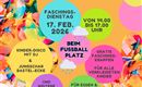Ein bunter Flyer für das Kinder-Faschingsevent im Hopfgarten. Es wird eine Kinder-Disco, Bastelaktionen und kostenlose Faschingskrapfen für verkleidete Kinder angeboten.