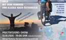 Ein Plakat für eine Multivisions-Show mit Thomas Widerin, der von Alaska nach Österreich mit dem Fahrrad reist. Die Veranstaltung findet am 13. Oktober 2026 im Würger Kino statt.