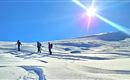 Drei Personen wandern auf einem verschneiten Gelände. Der Himmel ist klar und die Sonne strahlt hell.