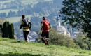 Zwei Läufer joggen über eine grüne Wiese. Im Hintergrund sind sanfte Hügel und ein kleiner Ort mit einer Kirche zu sehen.