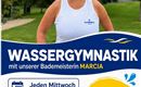 Ein Werbeflyer für Wassergymnastik im Kaiserbad Ellmau. Die Bademeisterin Marcia wird vorgestellt und es sind die Termine für die Kurse aufgeführt.