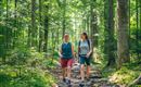 Two hikers walk along a narrow path through the woods. Surrounded by trees and green grass, they enjoy nature.