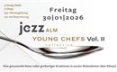 Ein elegantes Plakat für eine kulinarische Veranstaltung mit dem Titel "Young Chefs Vol. II". Es zeigt Details zu einem fünfgängigen Menü, das von drei jungen Köchen am 30. Januar 2026 angeboten wird.
