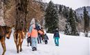 Eine Gruppe von Menschen wandert im Schnee, begleitet von mehreren Ziegen. Im Hintergrund sind verschneite Bäume und ein bewölkter Himmel zu sehen.