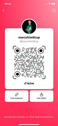 Et TikTok-profil med en QR-kode og brugernavnet @marcofriedlcup. Under dette er der muligheder for at linke til og dele profilen.