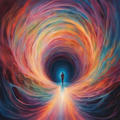Eine farbenreiche spiralenartige Tunnelansicht führt zu einem Menschen, der in die Ferne schaut. Die lebendigen Farben schaffen eine mystische und träumerische Atmosphäre.