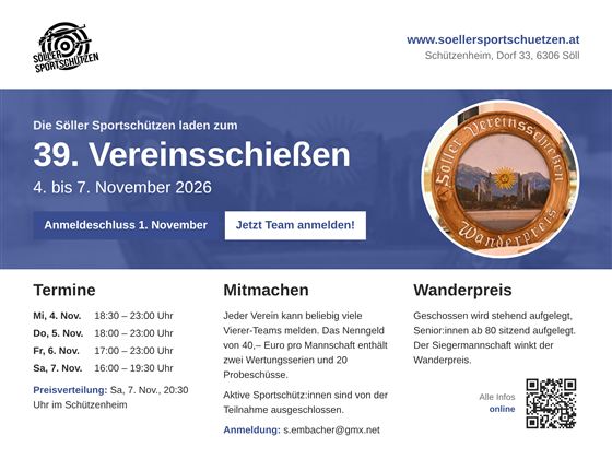 Ein Informationsflyer für das 39. Vereisschießen der Söller Sportschützen. Das Event findet vom 4. bis 7. November 2026 statt, mit Anmeldeschluss am 1. November.