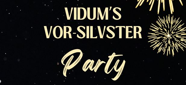 Een uitnodigend feestontwerp voor Vidums oudejaarsfeest. Het toont feestelijke letters en vuurwerkpatronen op een zwarte achtergrond.