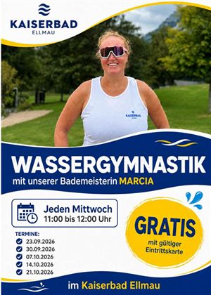 Ein Werbeflyer für Wassergymnastik im Kaiserbad Ellmau. Die Bademeisterin Marcia wird vorgestellt und es sind die Termine für die Kurse aufgeführt.