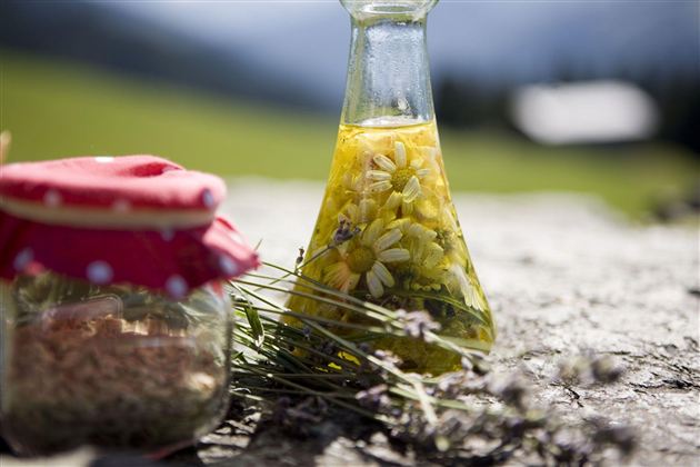 Čerstvý salát s mixem listové zeleniny a jedlými květinami. K tomu jsou podávány křupavé kousky těsta.