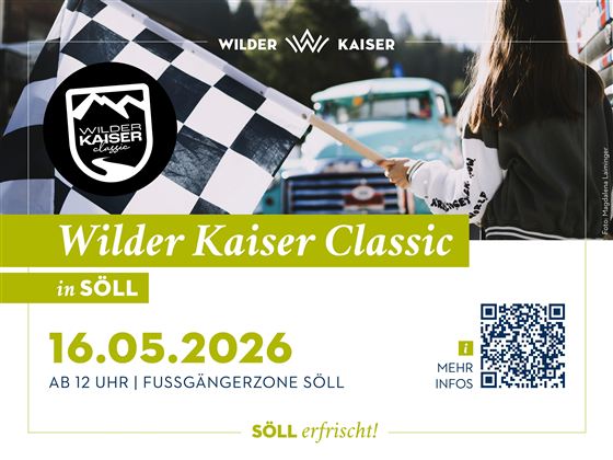 Ein Plakat für die Wilder Kaiser Classic in Söll, das am 16. Mai 2026 stattfindet. Es zeigt eine Person mit einer schwarz-weißen Schachflagge und Informationen zur Veranstaltung.