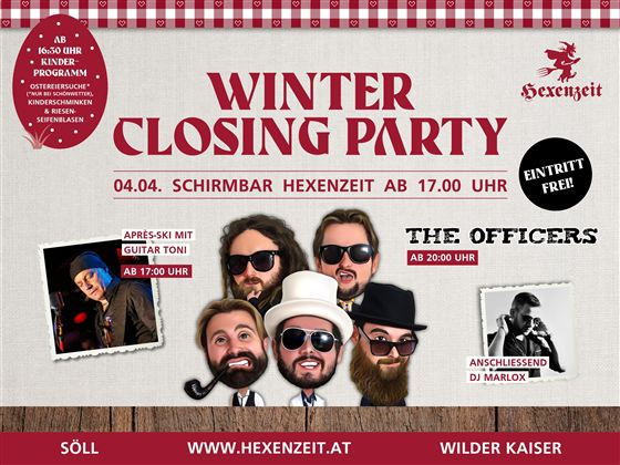 Eine Ankündigung für eine Open-Air-Winterabschlussparty mit dem Mountain Crew Konzert. Das Event findet am 30. März 2024 um 16:00 Uhr statt.