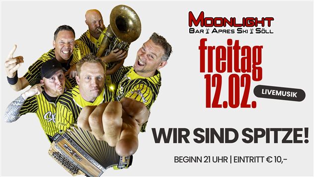 An event announcement for a live music event. Five musicians with different styles and accessories are depicted.