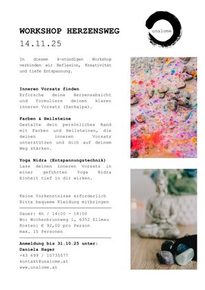 Eine Einladung zu einem Workshop namens "Herzensweg" mit Informationen über Inhalte wie Meditation, Farben und Materialien. Bilder von Steinen und einer Buddha-Statue ergänzen den Text.