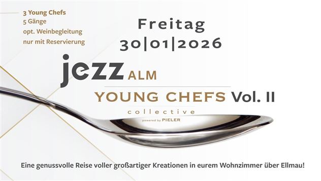 Ein elegantes Plakat für eine kulinarische Veranstaltung mit dem Titel "Young Chefs Vol. II". Es zeigt Details zu einem fünfgängigen Menü, das von drei jungen Köchen am 30. Januar 2026 angeboten wird.