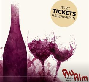 A colorful background with a wine bottle and two wine glasses. The text encourages ticket reservations.