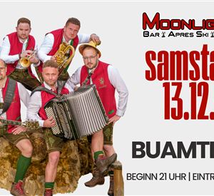 Eine Band, die traditionelle Musik spielt, posiert in Trachten. Das Konzert findet am Samstag, den 13. Dezember, in der Moonlight Bar statt.