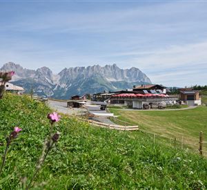 A picturesque landscape with green meadows and impressive mountains in the background. In the foreground, there is a building suitable for visitors.