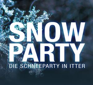 An artistic depiction of snowflakes. Text for a snow party in Itter.