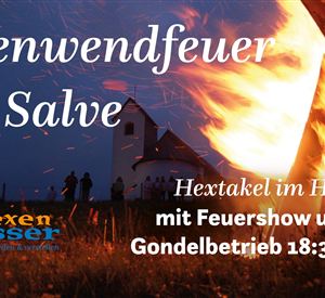 Ein plakativer Hintergrund für ein Event mit einem großen Feuer. Es zeigt Informationen zum Sonnenwendfeuer mit Datum und Uhrzeiten.