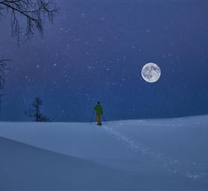 A skier stands in the snowy landscape under the full moon. The sky is dark blue and it is snowing lightly.